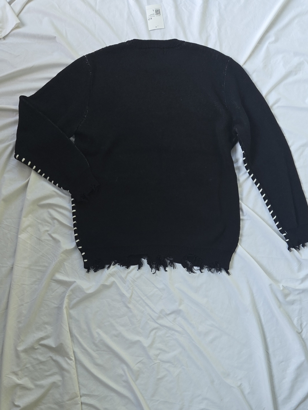 Mens Boho Black Sweater, White Stitching, Fringe OnBottom Of Sleeves & Sweater - Picture 12 of 14
